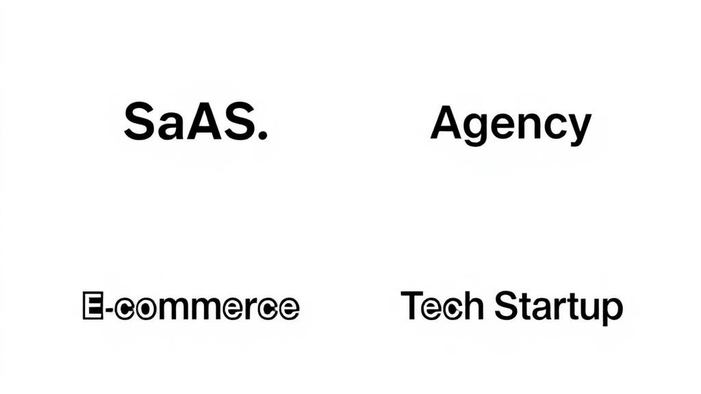 Business name categories: SaaS, Agency, E-commerce, Tech Startup