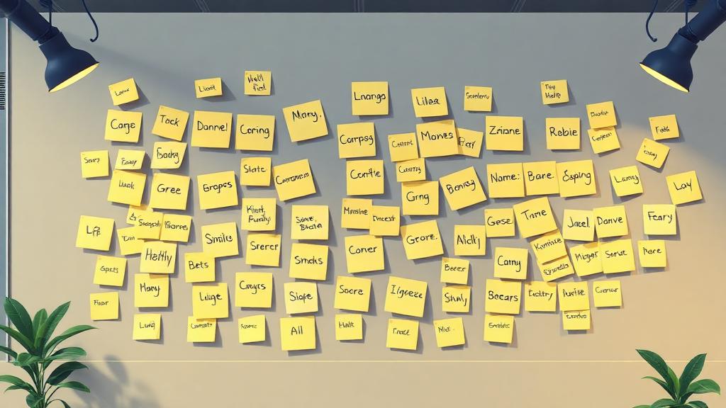 Brainstorming session with name ideas on sticky notes