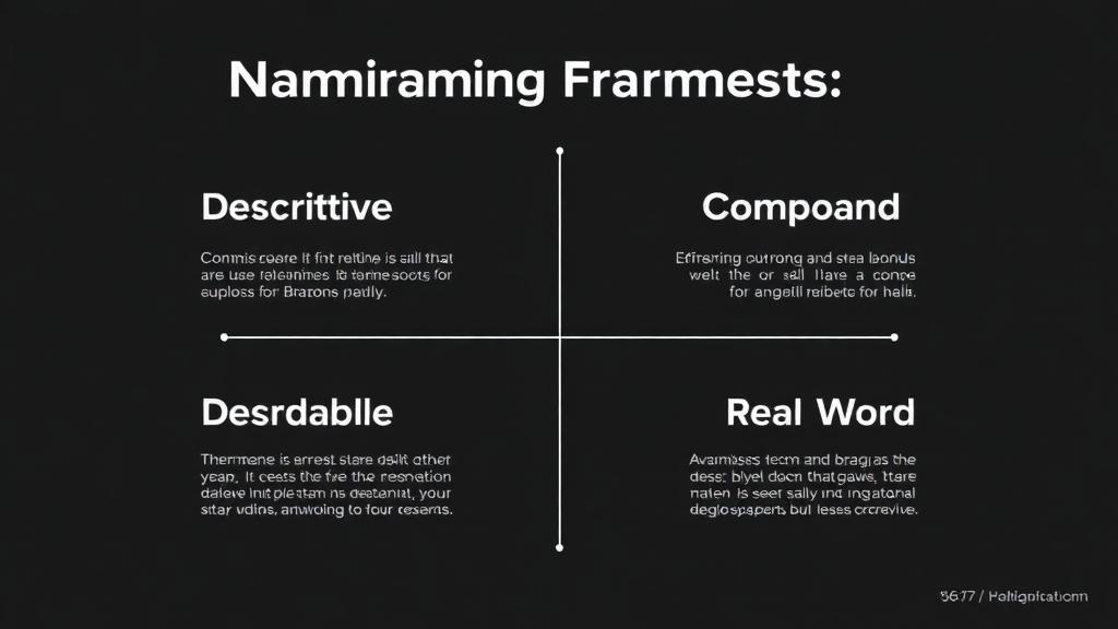 Four naming frameworks: Descriptive, Brandable, Compound, and Real Word